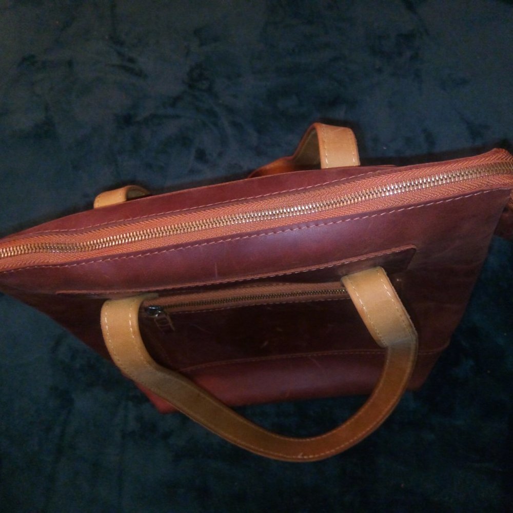 Babak Two Toned Square Leather Tote, Reddish Brown & Tan - Picture 9 of 15